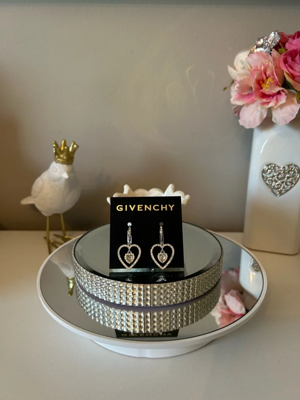 NWT! Givenchy Glass Stone Silver-Tone Heart Orbital Earrings